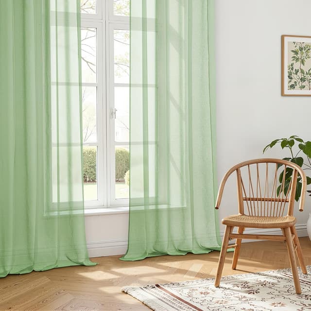 Detalle de MRTREES Green Eyelet Voile Curtains (2 Panels) – 55x48 Inch, 48 Inch Drop