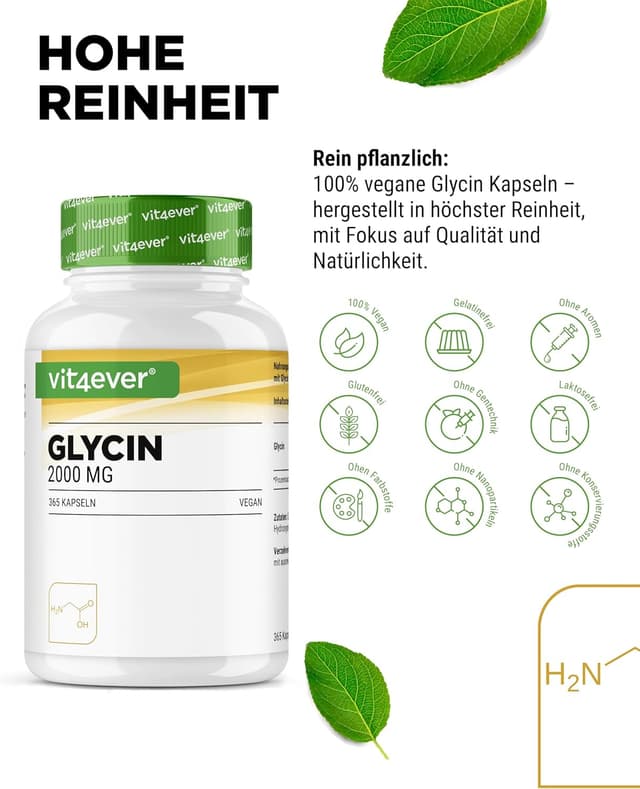 Detalle de vit4ever Glycin 365 Kapseln – hochdosiertes L-Glycin (2000 mg/Tag) vegan