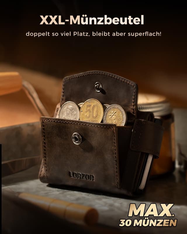 Detalle 2 de LORZOR Kartenetui mit XXL Münzfach (für 10+ Münzen), magnetischer Verschluss und RFID-Schutz – Slim Wallet aus Vollrindleder