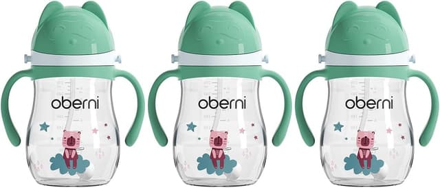 Detalle de Oberni Tritan Sippy Cup 270ml / 9oz (Green) – Weighted Straw, Leak-Proof Spout, 3-Pack