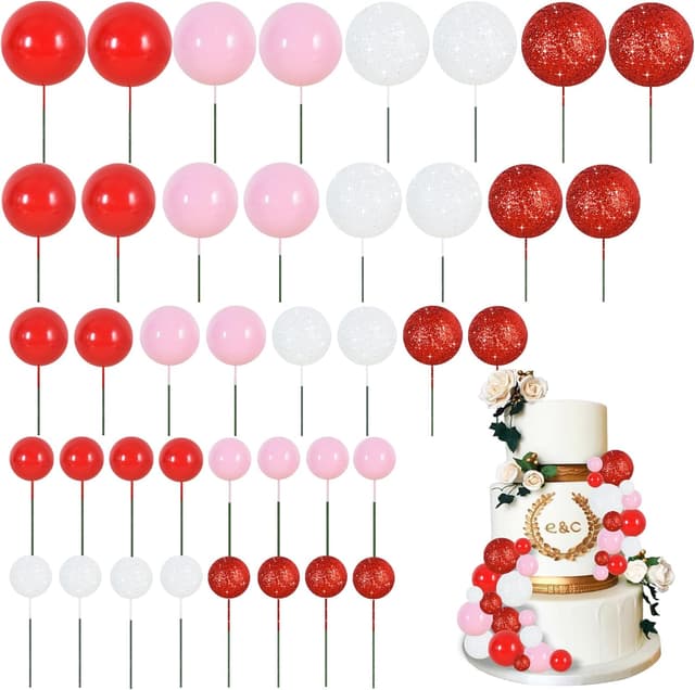 Detalle de RIBBOOO 40-piece ball cake topper set with foam balls and wire stems (red, pink & white)