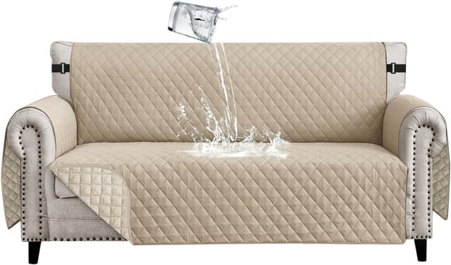 Detalle de Lydevo copridivano impermeabile trapuntato 4 posti beige con braccioli e protezione antigraffio