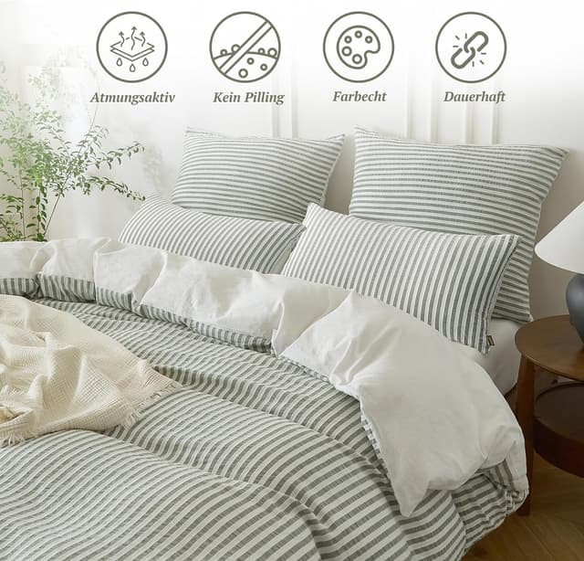 Detalle de SOULFUL Bettwäsche 135x200 aus Baumwolle, 4-teilig mit Jacquard-Streifen in Salbei Grün
