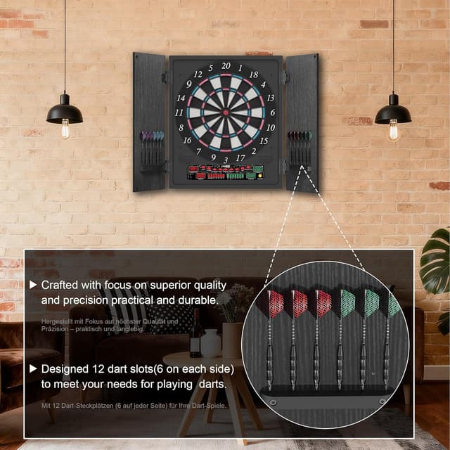Detalle de CyeeLife Elektronische Dartscheibe mit Holzschrank, LED-Display, 34 Spielen & 355 Varianten (Deutsche Stimme)