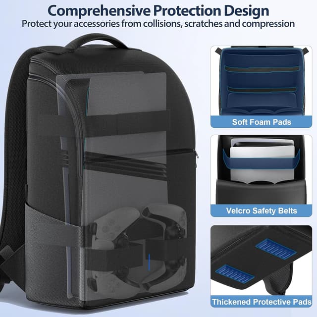 Detalle de Rysker zaino per PS5 / PS5 Slim / PS5 Pro con custodia e protezione completa, borsa grande capacità per accessori e cavi (nero)