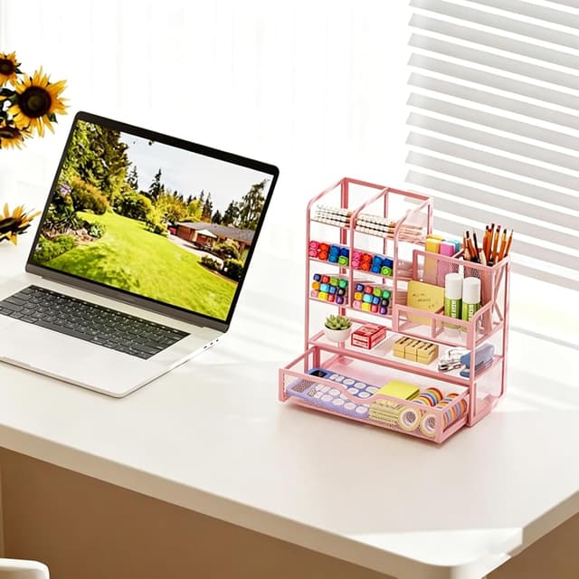 Thumbnail 6 de Marbrasse Organizer Scrivania multifunzione in rete con scomparti basculanti e cassetto (rosa)