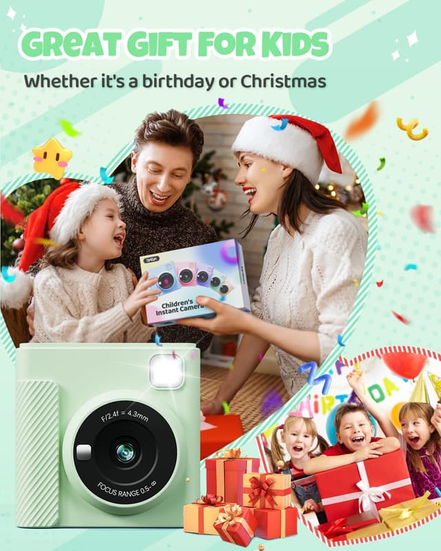 Detalle 2 de TIATUA Kids Instant Print Camera (Green) — 1080P HD Video Digital Camera with Print Paper & 32G Card