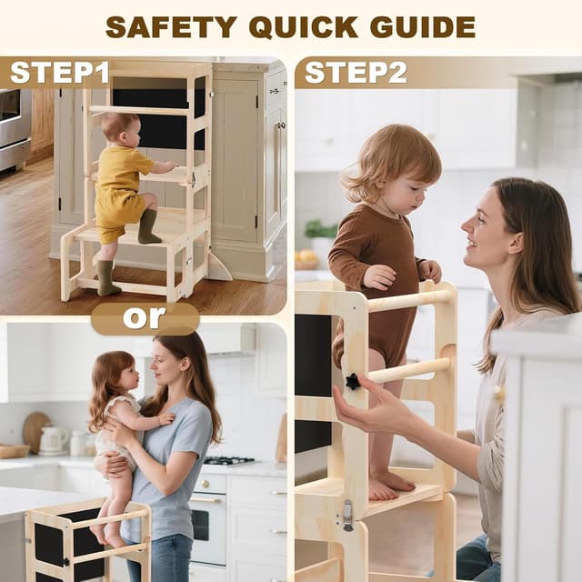 Detalle 2 de Toddler Kitchen Step Stool 4-in-1 Foldable Standing Tower with Blackboard (Ages 18 Months to 4 Years)