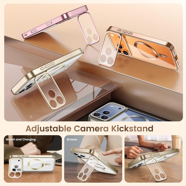 Detalle de GolbinBox for iPhone 17 Pro Case with Stand (MagSafe) and Camera Control, Gold/Clear