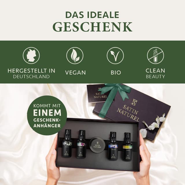Detalle 2 de Satin Naturel luxuriöses Geschenkset mit Bio-Arganöl, Bio-Rizinusöl, Mandel- & Jojobaöl sowie Body Scrub aus Totes Meer Salz