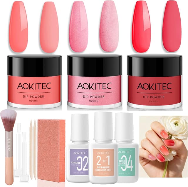 Thumbnail 6 de Aokitec lot de 12 poudres de trempage pour ongles (démarrage) – 3 couleurs rose clair/nude/rose pâle avec base, top coat et accessoires