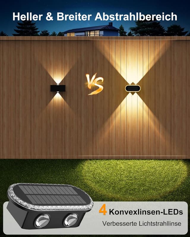 Detalle de Hiromeco Solarlampen für Außen Wand 4er-Set – Solar-Wandleuchten mit doppeltem Up&Down-Licht