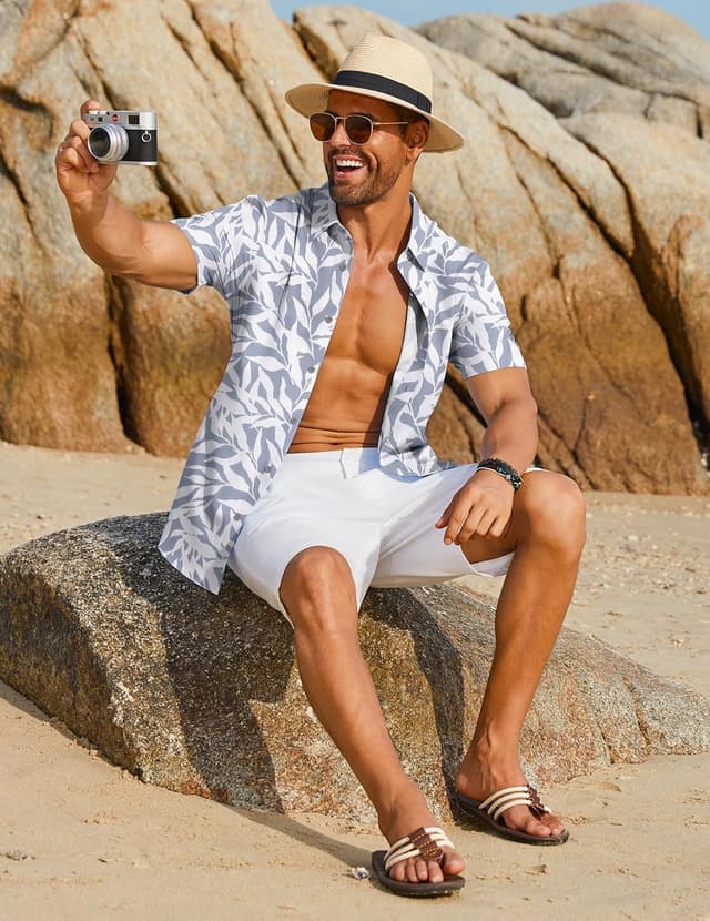 Detalle de COOFANDY Hawaii Hemd für Männer – Kurzarm Sommerhemd im tropischen Blumen-Design