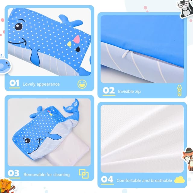 Detalle de YAOZUP Cuscino Memory Foam Bambini 45x27x5/7 cm “Balena blu” con federa antiacaro