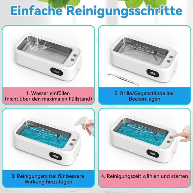 Detalle de Ultraschallreinigungsgerät 49.000 Hz (49 kHz) – 640 ml Ultraschall Cleaner mit Display, 5 Modi für Brille, Schmuck & Uhren
