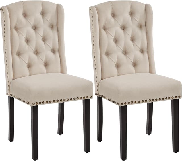 Detalle de Yaheetech Upholstered Button Tufted Dining Room Chairs (Set of 2) with Nailhead Trims and Solid Legs, Beige