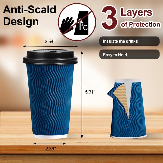 Detalle 2 de Lamosi 16 oz Disposable Coffee Cups with Lids (50-Pack) — paper insulated hot drink cups