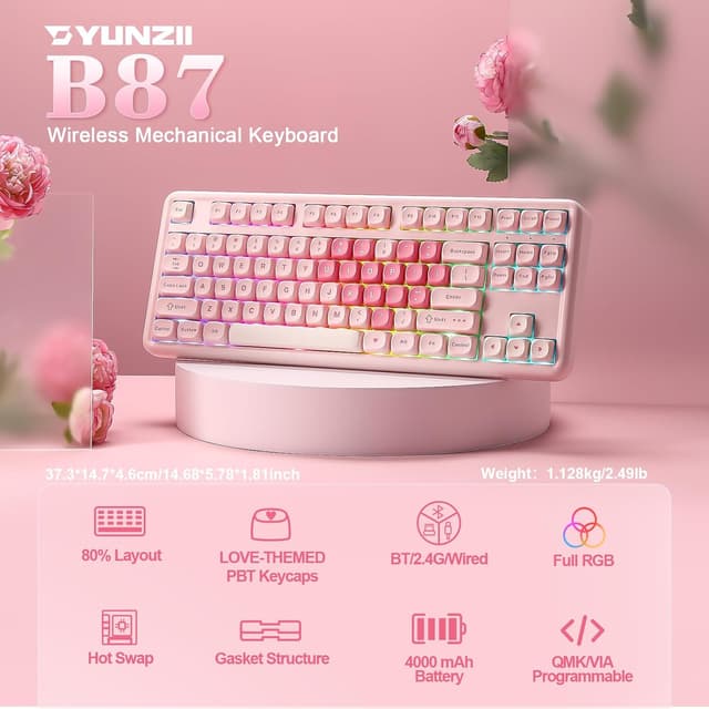 Detalle de YUNZII B87 drahtlose mechanische Tastatur (QMK/VIA, Gasket, RGB, BT5.0/2.4G/USB-C) mit Handballenauflage