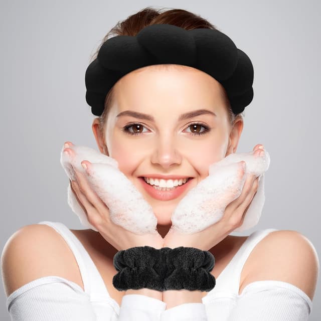 Detalle de Zkptops Spa Headband & Wristband Set for Face Washing (Black) — Terry Cloth Hair Accessory