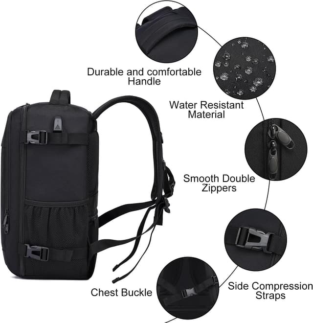 Detalle de Ryanair Handgepäck Rucksack 40x30x20 mit USB-Ladeanschluss (Laptopfach bis 14 Zoll), schwarz