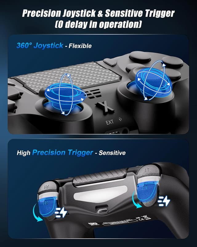 Detalle 2 de RUIZHI Wireless Controller für PS4 (2er-Set, Schwarz) – mit Turbo, Dual-Vibration, 6-Achsen-Gyro und Touchpanel
