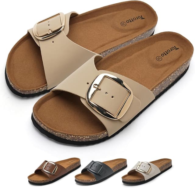 Detalle de Torotto Pantoletten für Damen: verstellbare Schnallen-Sandalen & Hausschuhe mit flachem Absatz