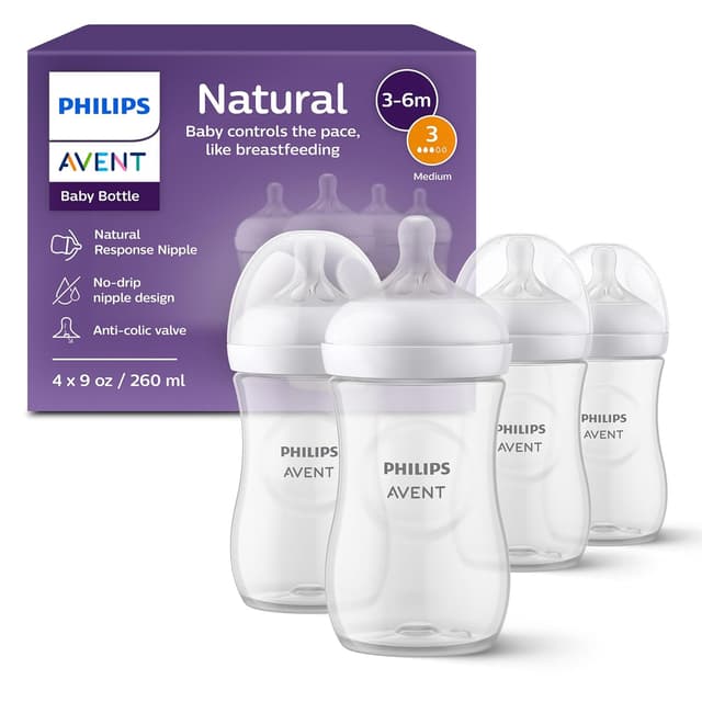 Detalle de Philips Avent Natural Baby Bottles (Natural Response), Medium Flow, 9oz, 4-Pack (SCY903/04)