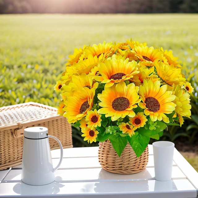Detalle de Kinisty 4 Packs Large Artificial Sunflower Bouquets (Silk & Plastic) for Indoor/Outdoor Decoration