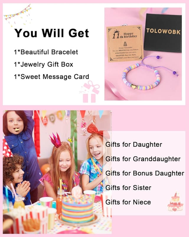 Thumbnail 6 de TOLOWOBK heart clay bead bracelet gift for girls aged 6–16 (with inspirational quote card)