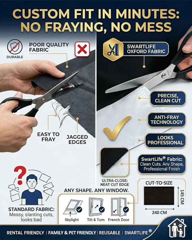 Detalle 2 de SwartLife 100% Blackout Blind (240x145cm) Stick-On Cut-to-Fit with Suction Cups & Hook-Loop Tabs