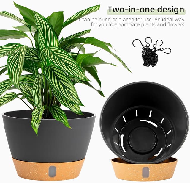 Detalle 2 de QCQHDU 2-Pack Hanging Planters (25.4cm) with Drainage Hole and 3 Hooks, Grey