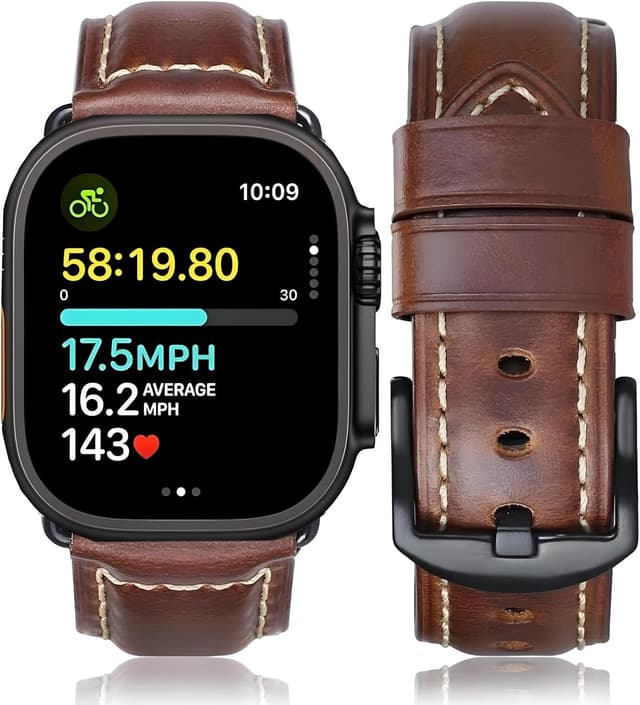Detalle de HUAFIY Genuine Leather Apple Watch Band (42mm–49mm) with Stainless Buckle for Series 1–11 and Ultra models