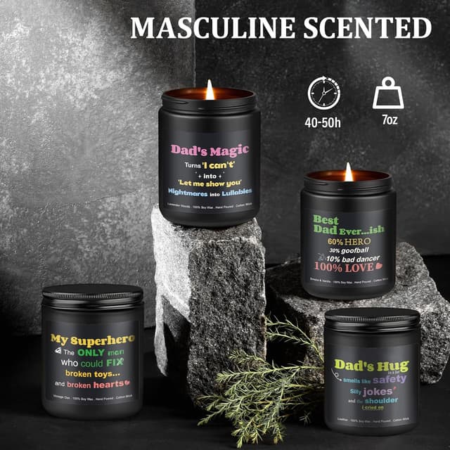 Detalle 2 de Men’s Scented Candles Set for Dad (4 Packs) – Soy Candles in Lavender Woods/Smoke & Vanilla/Vintage Oak/Leather