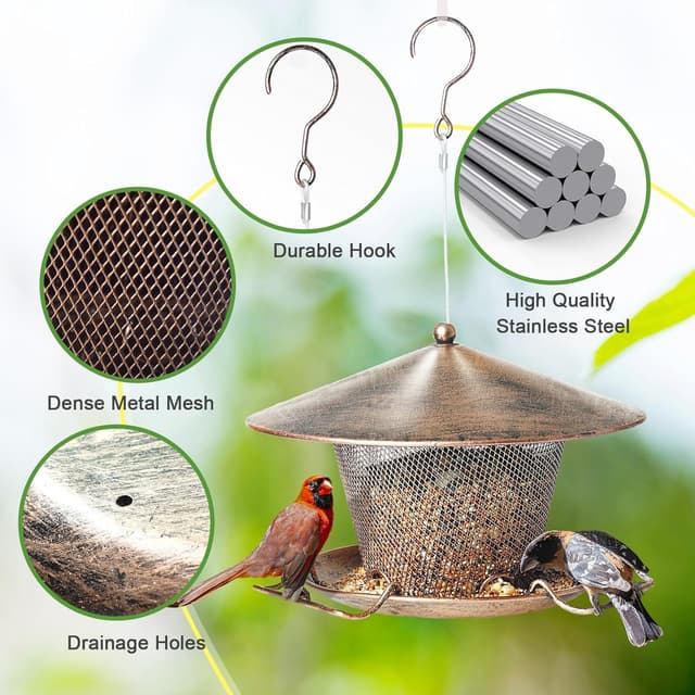 Detalle de IWTTWY hanging squirrel-proof metal bird feeder with weatherproof roof and 3 lbs seed capacity