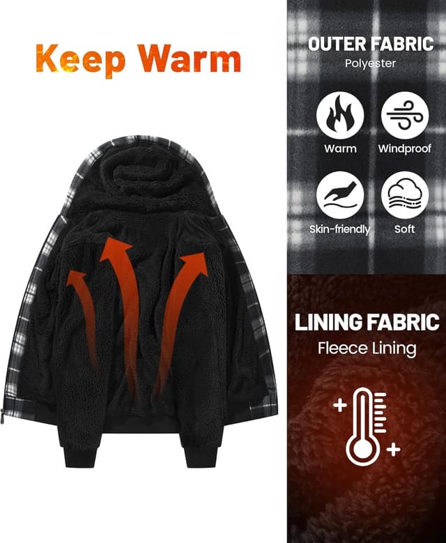 Detalle de geeksport Fleecejacke Herren mit Kapuze kariert – warme Sweatjacke mit durchgehendem Reißverschluss