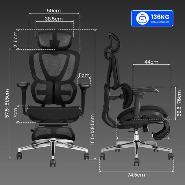 Detalle de FLEXISPOT Sedia ergonomica da ufficio con supporto lombare Dual-Wing, poggiatesta 3D e poggiapiedi estraibile (Nero)