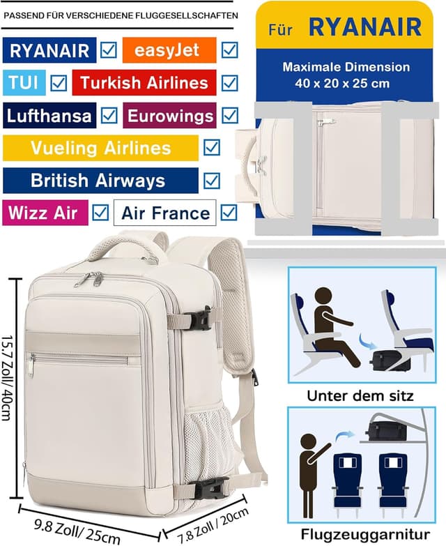 Detalle 2 de KLOSTAIN Handgepäck-Rucksack 40 x 20 x 25 cm (20 L) mit 14-Zoll-Laptopfach – Beige