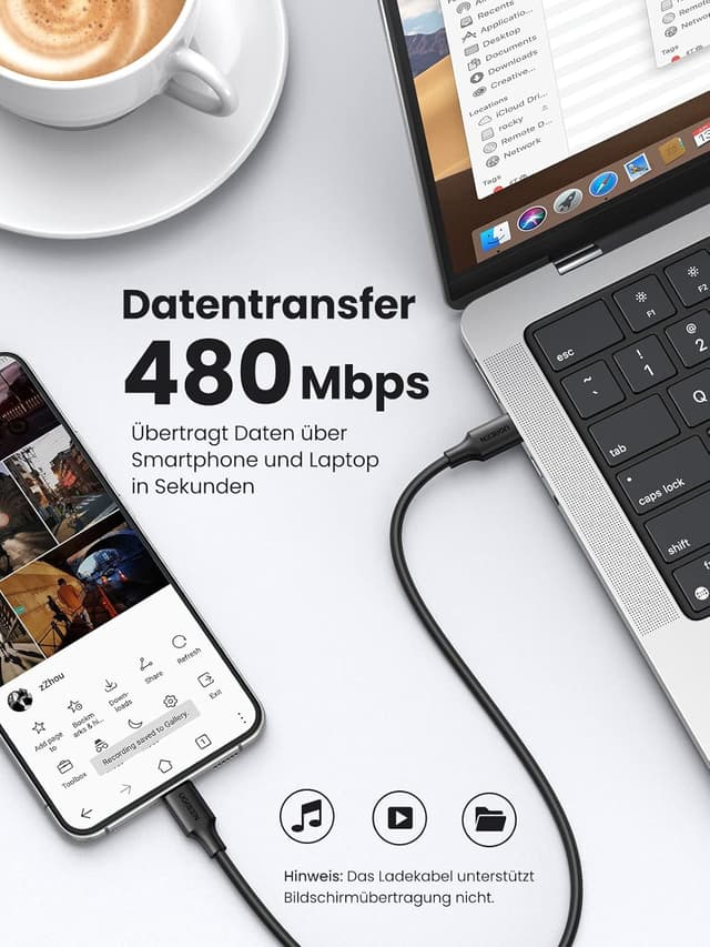 Detalle de UGREEN USB-C auf USB-C Kabel 60W (PD 3.0/PPS), 3er-Set – für Schnellladen und Daten-Transfer
