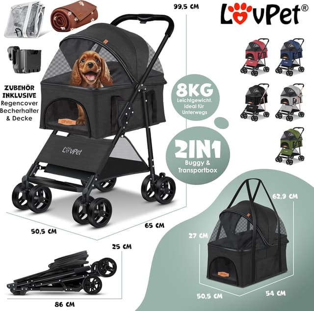 Detalle 2 de LOVPET® Hundewagen 2in1: Hundebuggy & Hundebox Tragetasche faltbar bis 20 kg