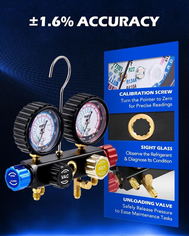 Detalle de Orion Motor Tech 4-Way AC Gauge Set for R410a, R22 & R134a with 5 ft Hoses, Adapters & Can Tap