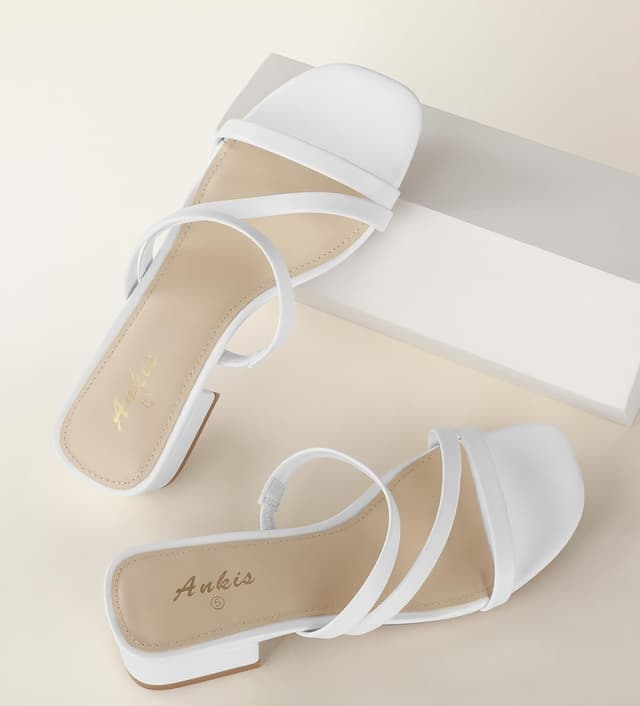 Detalle de Ankis Black Nude White Strappy 1-Inch Low Chunky Block Heels for Women (Square Open Toe, Slip-On Slides)