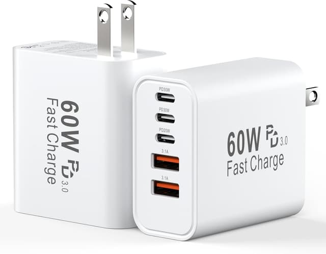 Detalle de 60W USB-C Charging Blocks 5-Port Wall Fast Charger (Two-Pack) — PD & QC 3.0 Multiport USB C Bricks