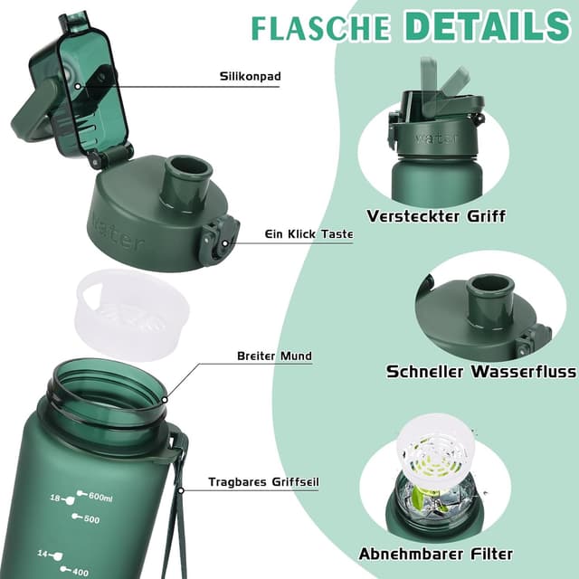 Detalle de AOPREL Trinkflasche 600 ml aus BPA-freiem Tritan – auslaufsicher für Sport, Schule & Büro
