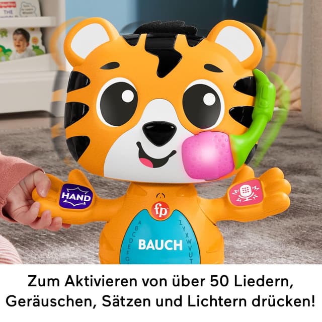 Detalle de Fisher-Price Beat Bande Lern & Tanz Tiger Justin (HYL31) – interaktives Lernspielzeug mit Geräuschen und Lichtern für ab 9 Monaten