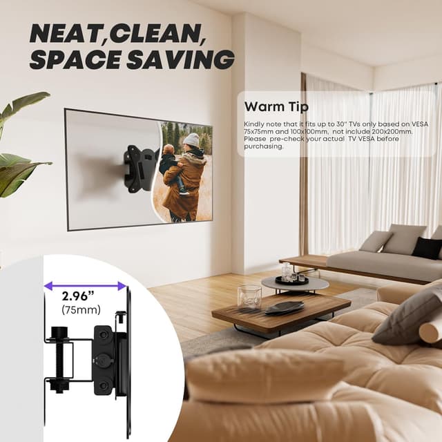 Detalle 2 de PUTORSEN 13–30 inch TV Wall Bracket (Tilt Swivel) for LCD/LED TVs & Monitors, VESA 75x75/100x100, up to 55lbs, Black