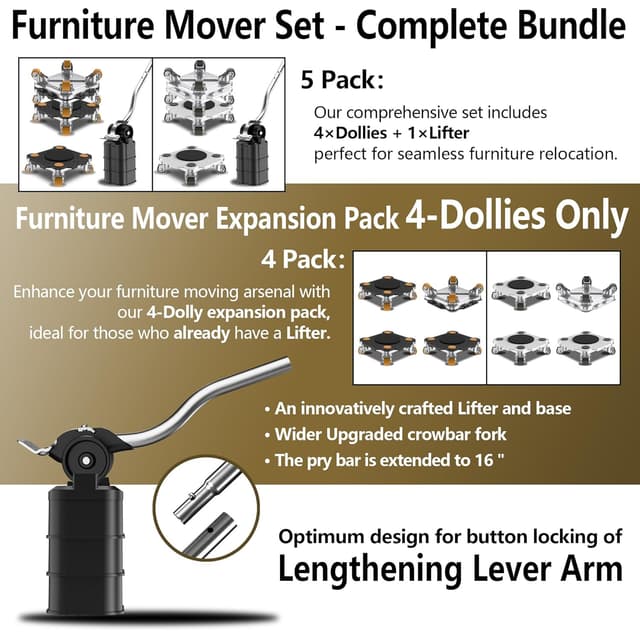 Detalle de ONEON Furniture Mover Pro Set (4 Dollies + 1 Lifter) with TPE Wheels