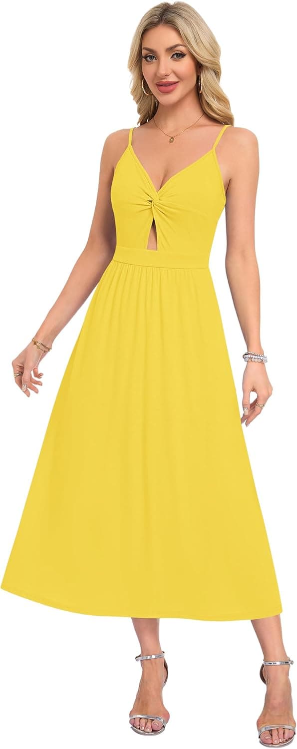 Detalle de AUSELILY summer maxi dress for women with V-neck, sleeveless fit and pockets