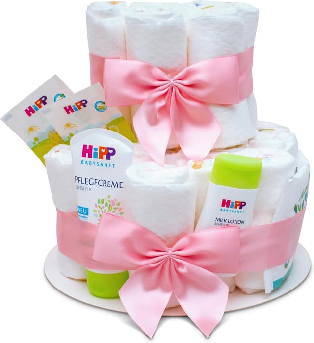 Detalle de Milaboo MilaBoo Windeltorte für Mädchen, 2-stöckig (31-teilig) mit HIPP Premiumprodukten in Rosa