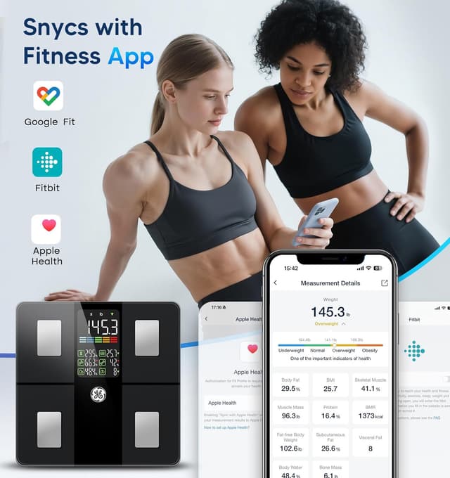 Detalle de GE Smart Bathroom Scale with Bluetooth and 14 Body Composition Metrics (400 lb capacity) – Black