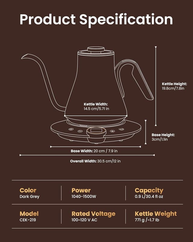 Detalle de INTASTING Electric Kettle with Gooseneck Spout, ±1℉ Temperature Control (0.9L, Dark Grey)